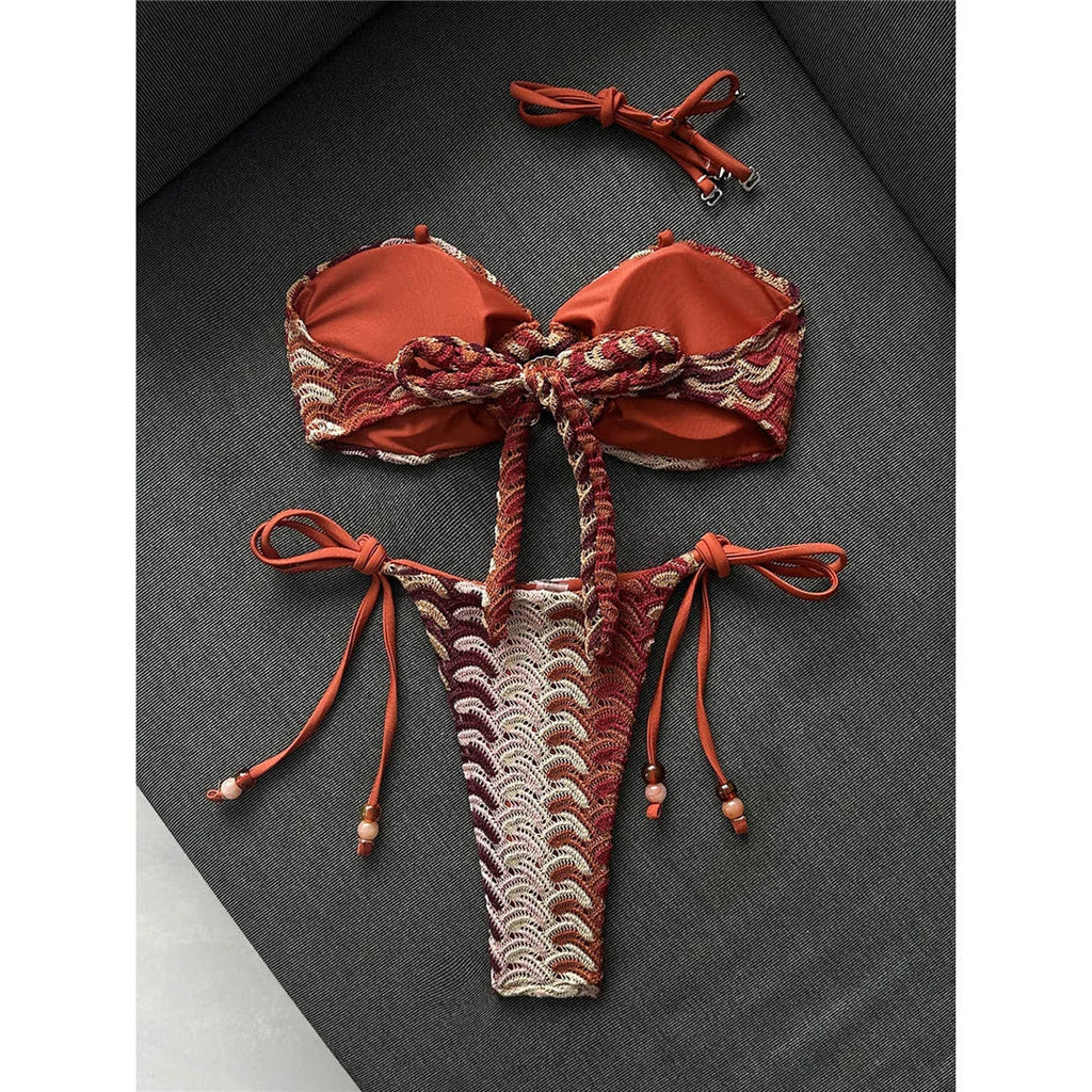 Printed Halter Bandeau Bikini Female Swimsuit Women Swimwear Two-Pieces Bikini Set High Leg Cut Bather Bathing Suit Swim V8338