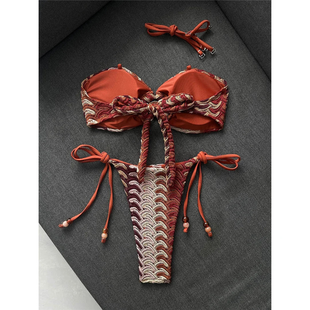 Printed Halter Bandeau Bikini Female Swimsuit Women Swimwear Two-Pieces Bikini Set High Leg Cut Bather Bathing Suit Swim V8338