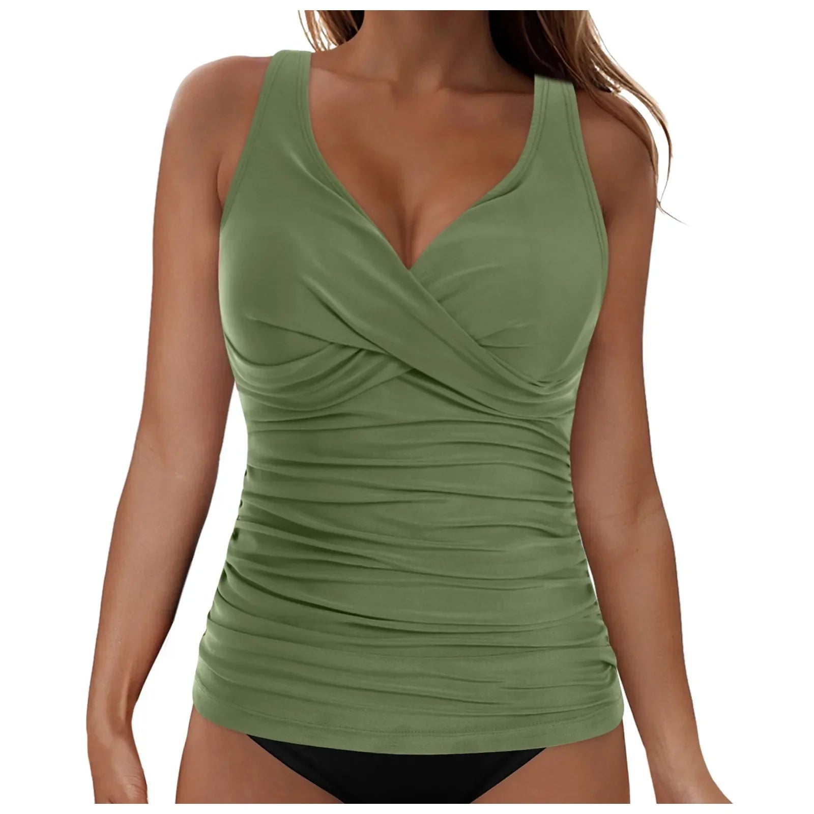 Women's Removable Padded Tankini Top V Neck Waist Defining Ruffled Separate Swimsuit Top Ruched Support Bathing Suit Swim Top