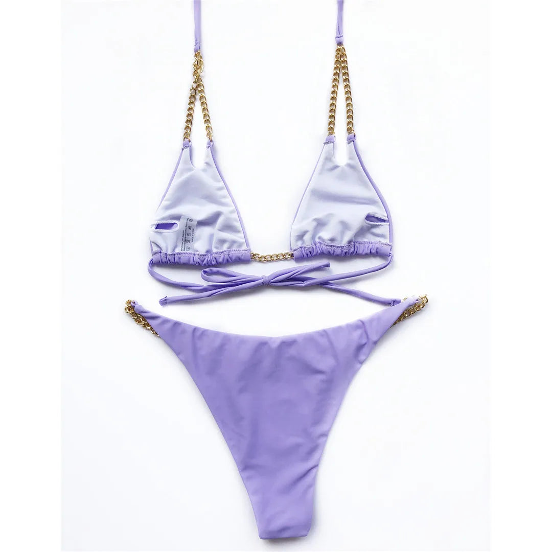 7 Colors Sexy Halter Bikini Female Swimsuit Women Swimwear Two-Pieces Bikini Set Metal Chain Bather Bathing Suit Swim Lady V2362
