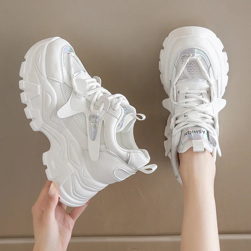 Breathable Chunky White Sneakers for Women Fashion Laser Thick Bottom Vulcanize Shoes Woman 2025 Lace Up Platform Running Shoes