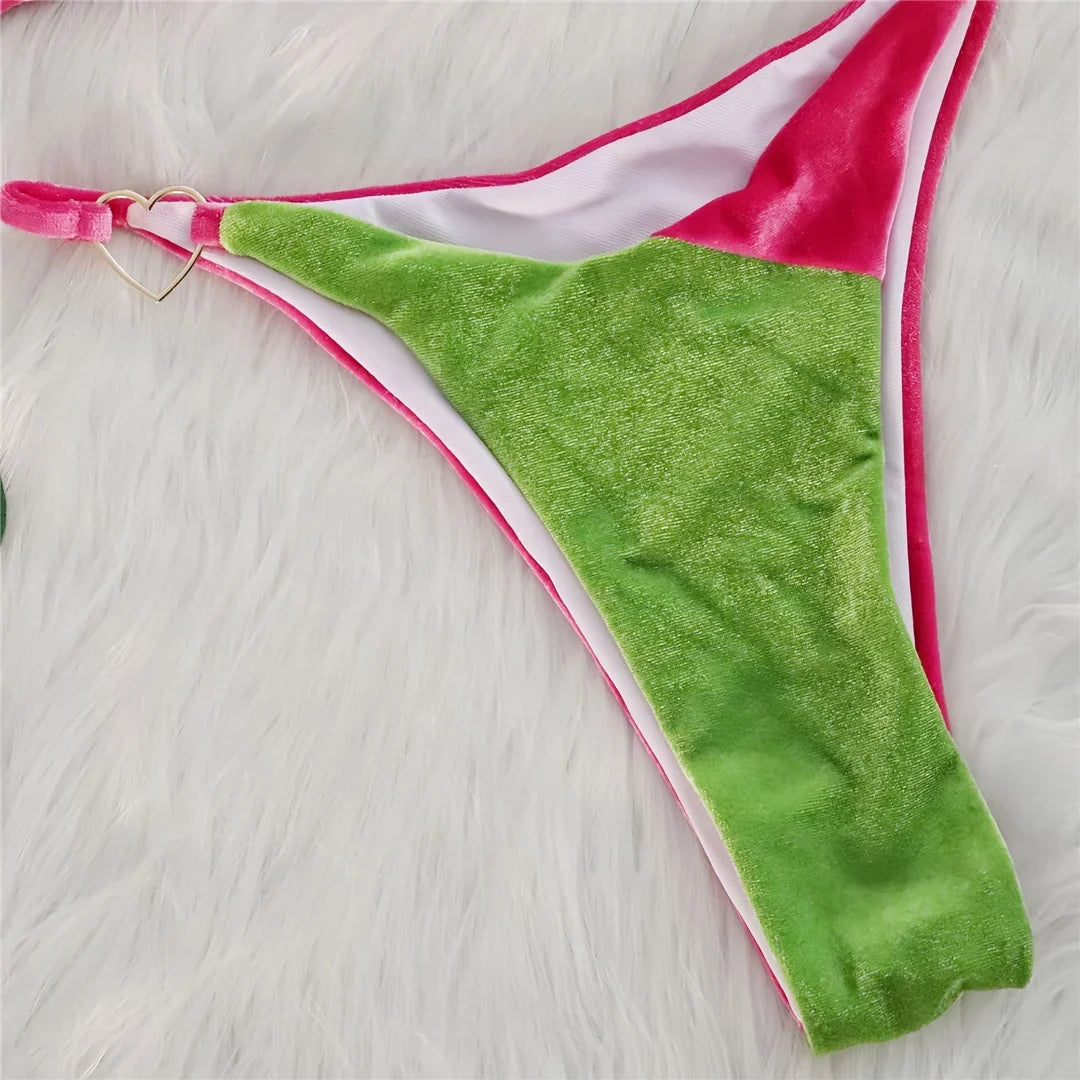 Splicing Halter High Leg Cut Padded Bikini Female Swimsuit Women Swimwear Two-Pieces Bikini Set Bather Bathing Suit Swim V6148
