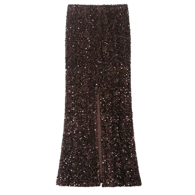 Women's Fashion Sequined Long Dress Womens Brown Sequin Mermaid Maxi Skirt High Waist Bodycon Flare Party Skirt Pure Desire N3OM