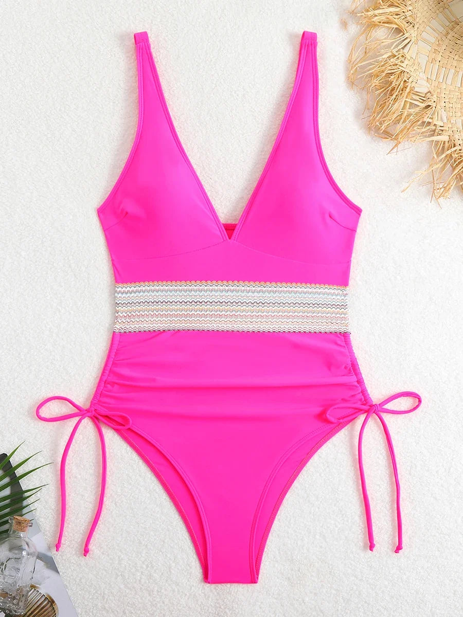 2026 Sexy Solid One Piece Swimsuit Women V-neck Drawstring Swimwear Female Bathers Bathing Swimming Swim Suit Beachwear