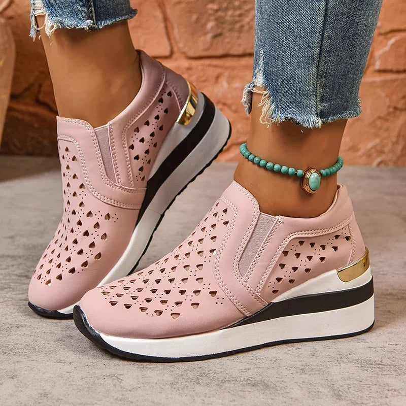 2025 New Hollow Out Wedges Sneakers Women Plus Size Pu Leather Thick Sole Loafers Woman Slip On Breathable Casual Shoes Female