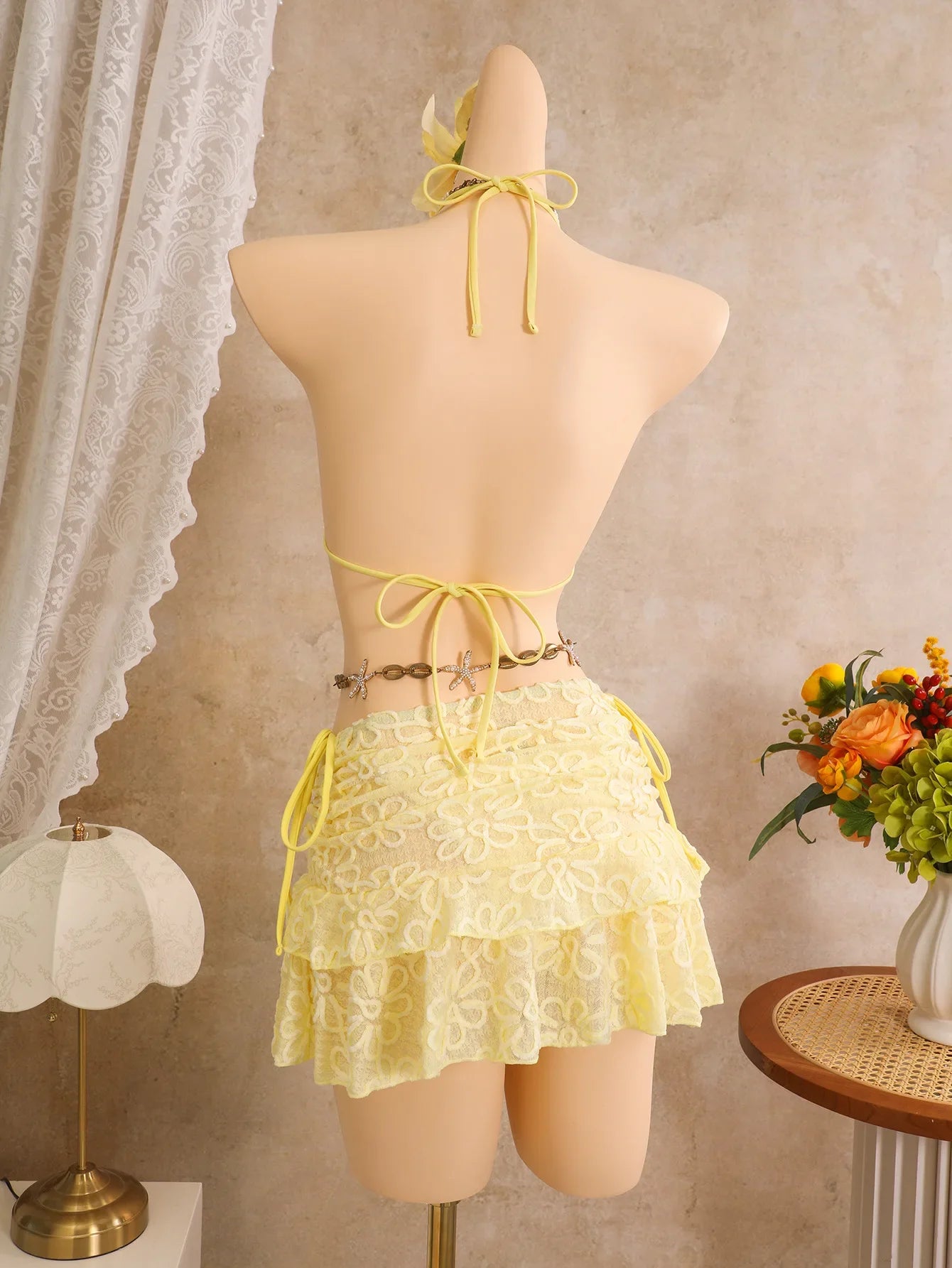 Vintage White Floral Embroidery Bikini Set 2026 Women 3D Flower Push Up Bra Pleate Skirt 3 Piece Swimsuit Bathing Suit Swimwear