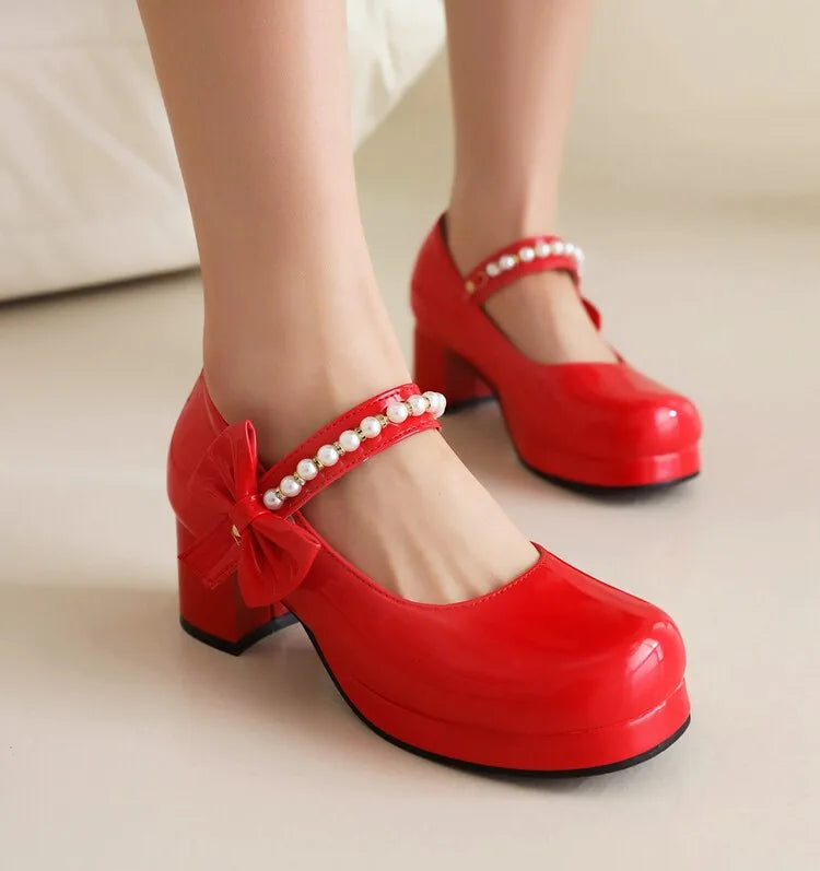 Pearl Beaded High Heels Shoes Ladies Wedding Mary Janes Block Heeled Pumps Woman Hook&Loop Tacones Wedges Escarpins Femme