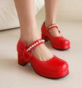 Pearl Beaded High Heels Shoes Ladies Wedding Mary Janes Block Heeled Pumps Woman Hook&Loop Tacones Wedges Escarpins Femme