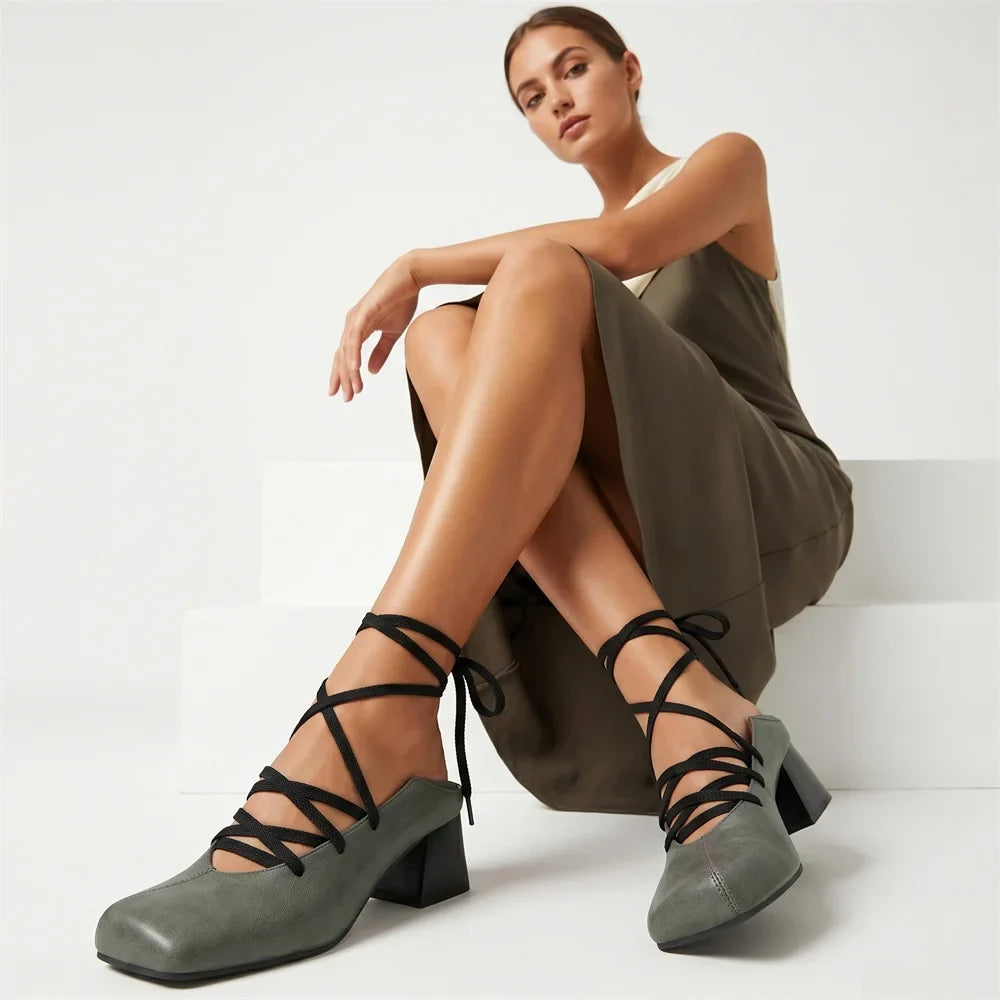 Plus Size 52 Retro Lace Up Ankle Wrap Mary Jane Heels Women Shoes Square Toe Faux Leather Chunky Block Mid Heel Vintage Pumps
