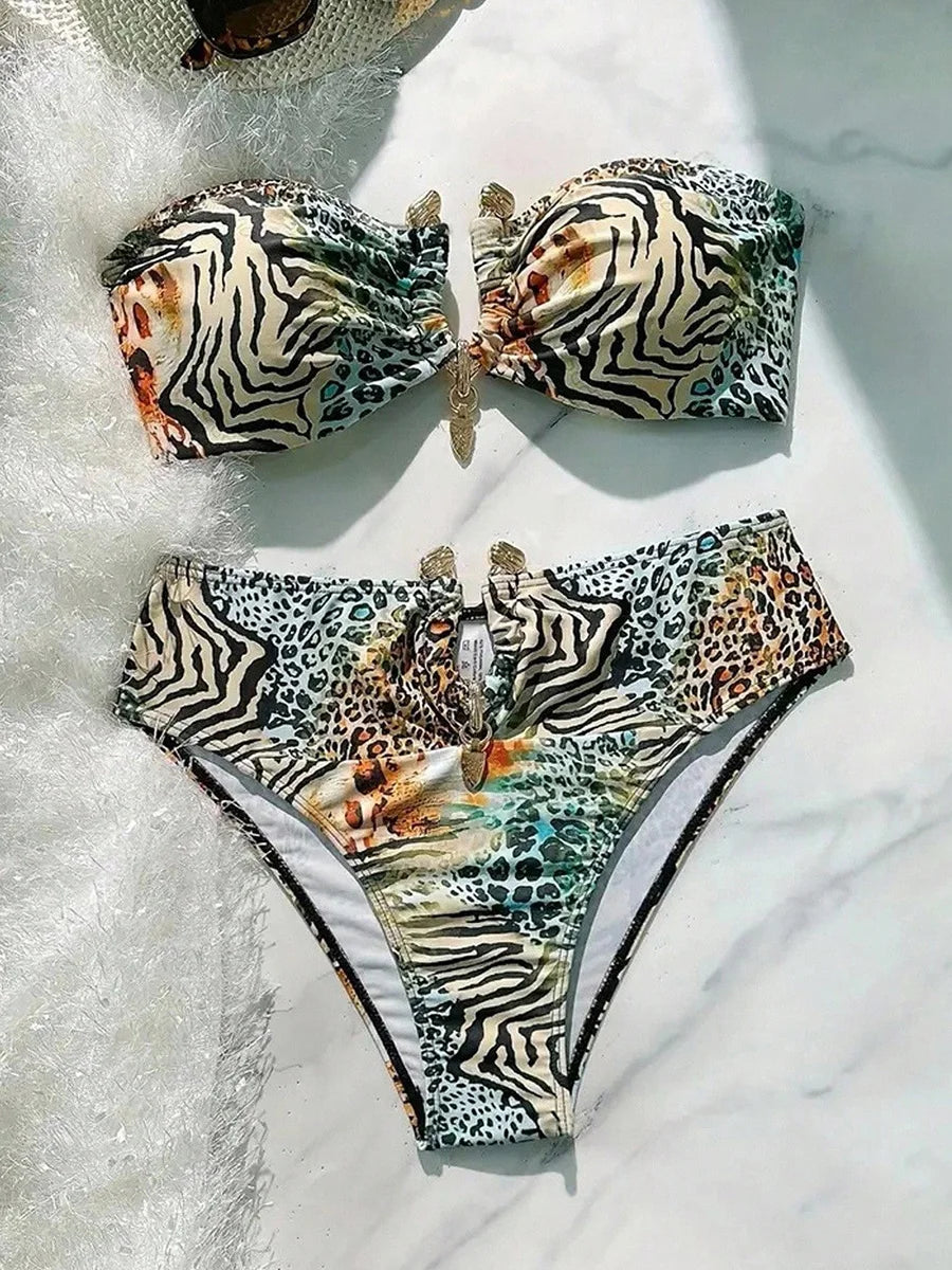 S - XL Leopard Bandeau Bikini Female Swimsuit Women Swimwear Two-pieces Bikini Set Strapless Bather Bathing Suit Swim Beach Wear