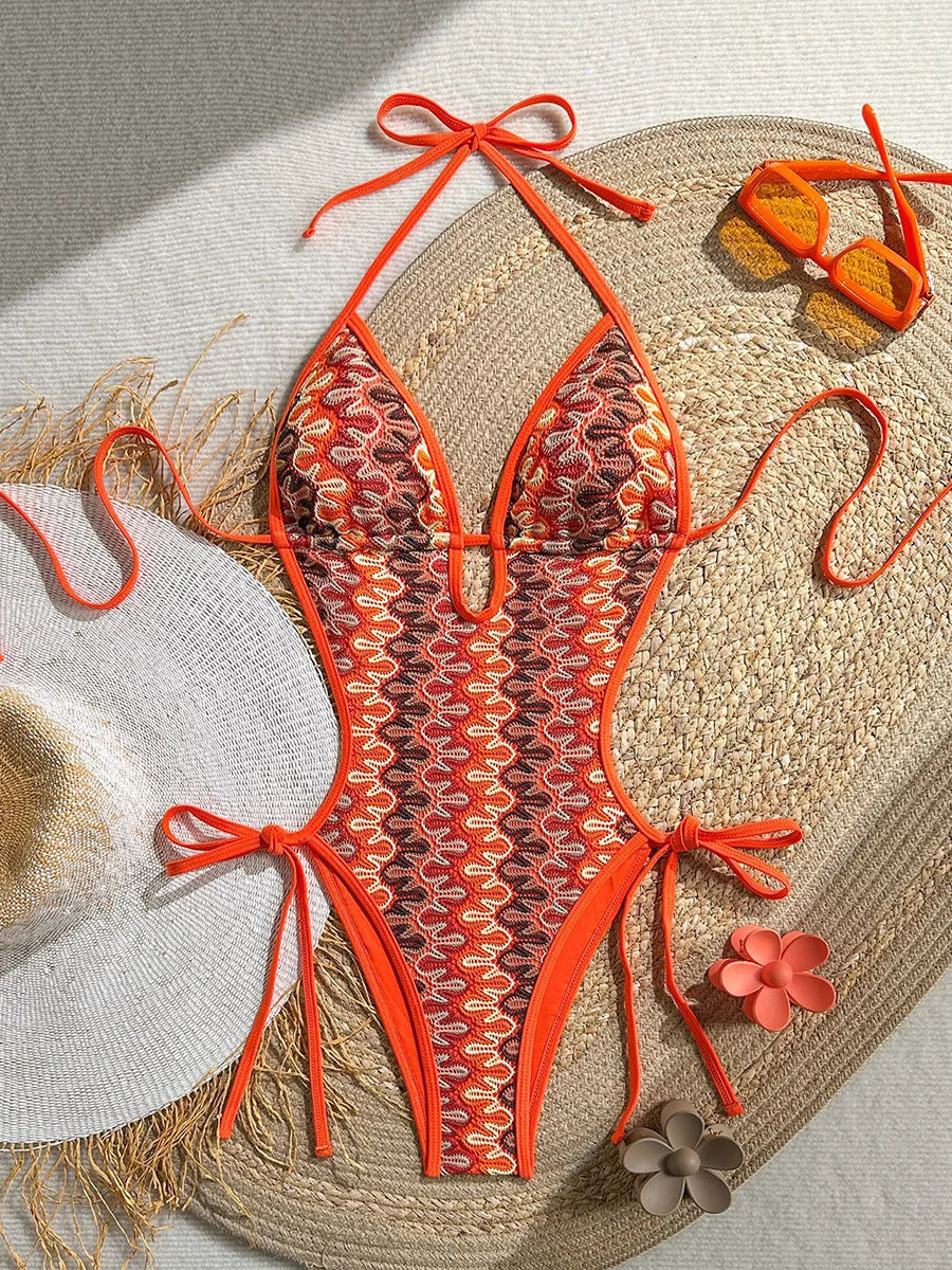 Printed Halter V Neck Female Swimwear One Piece Swimsuit Women Backless Monokini High Leg Cut Bather Bathing Suit Swim Bodysuit