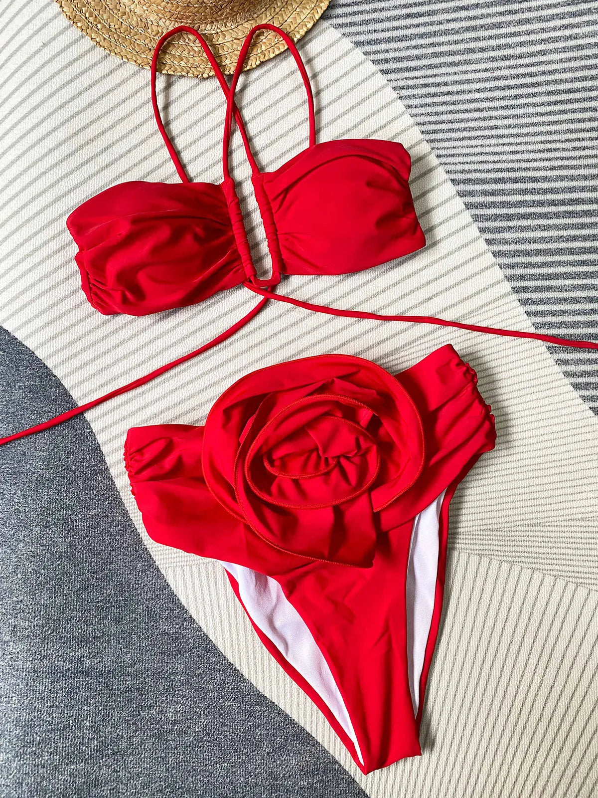 DEKA Brazilian Neck Bikini Set High Waist Flower Swimwear Women Floral Push Up Swimsuit Red White Bathing Suit Beachwear Biquini