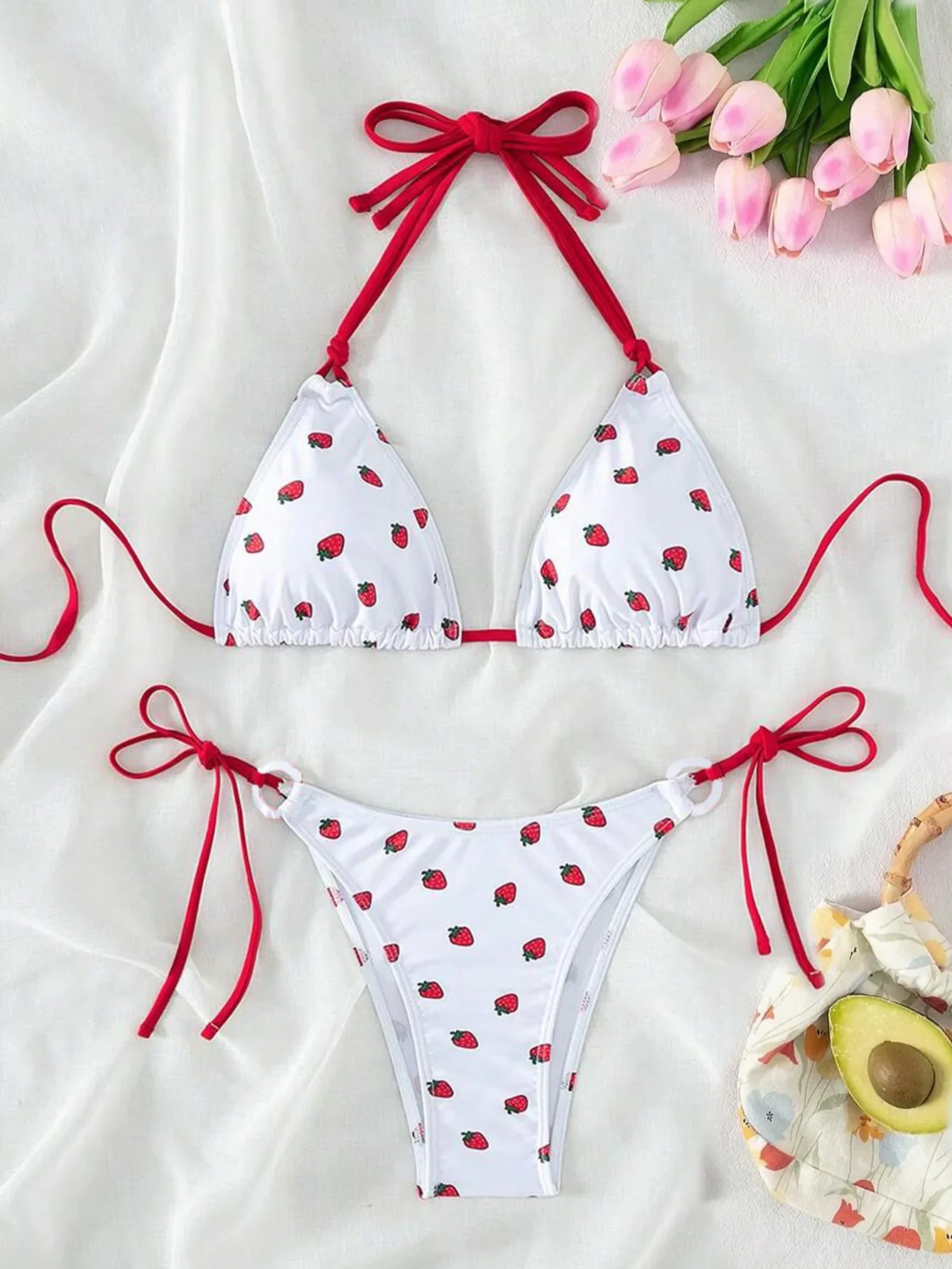 DEKA Women Cute Strawberries Print Bikini Set Sexy Thong Swimsuit Two Pieces Bathing Suit Swimwear