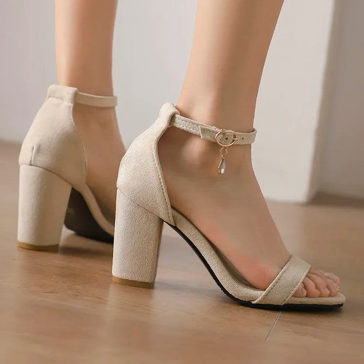 Beige Suede Ankle Strap Block Heel Sandals for Women, Round Open Toe with Rhinestone Accent, Multiple Colors Available