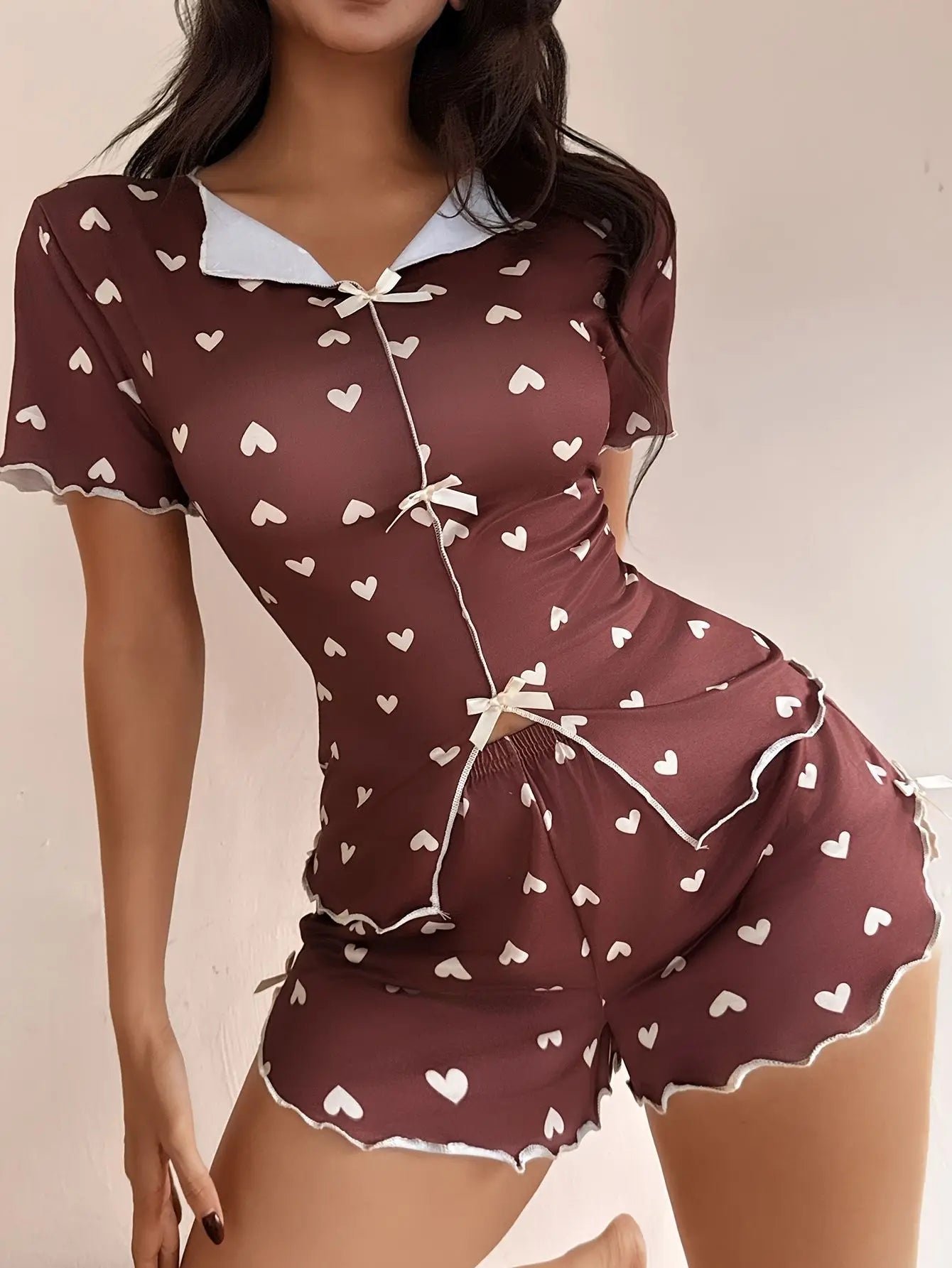 Women 2 Pieces Pajamas Set Heart Printed Short Sleeve T-shirts and Shorts Sets Casual Home Wear Loungewear Summer Sleepwear