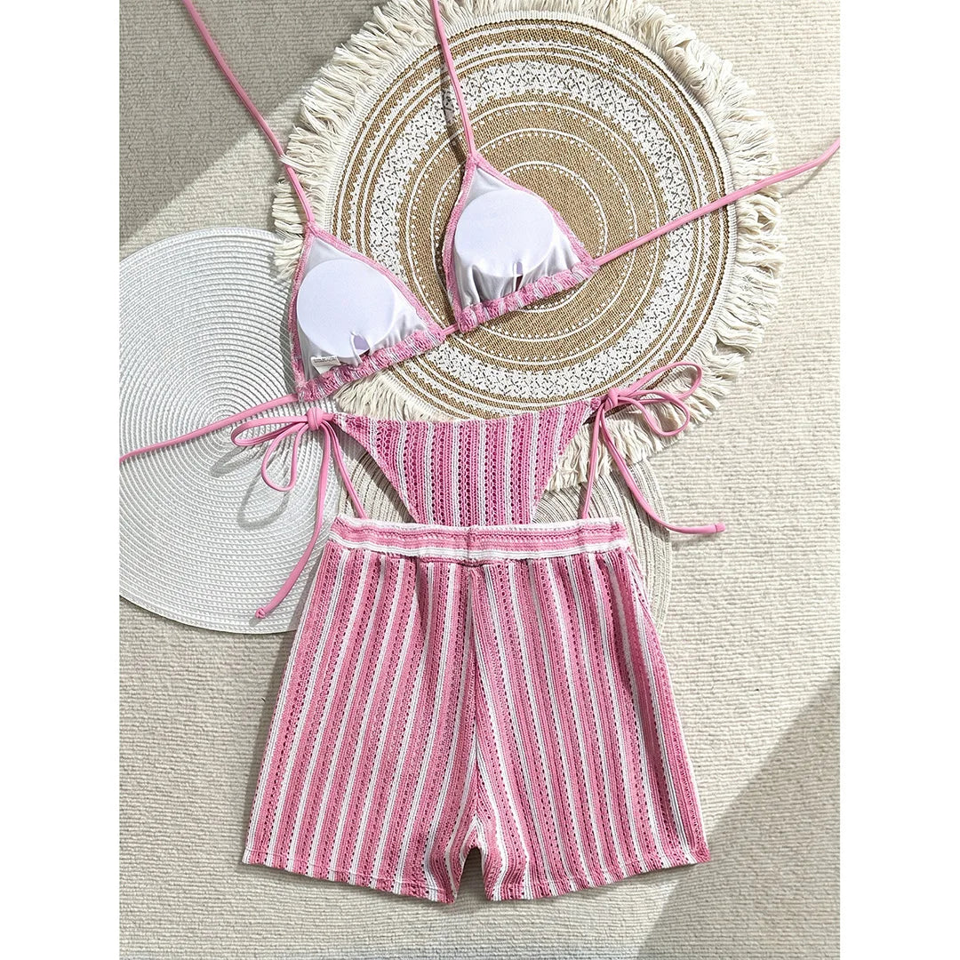 With Shorts Striped Halter Bikini Female Swimsuit Women Swimwear Three-Pieces Bikini Set Padded Bather Bathing Suit Swim V7159