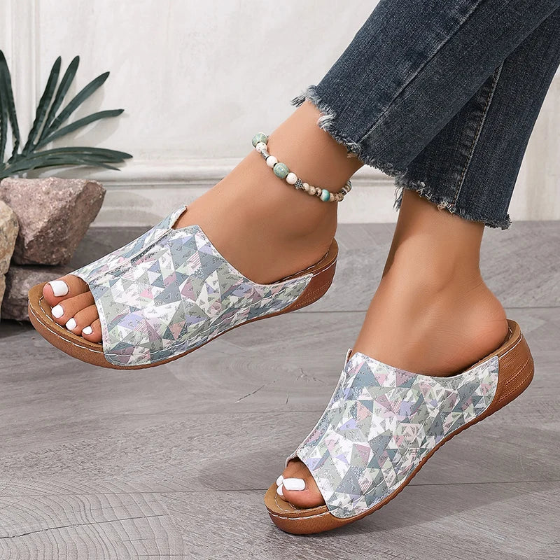 Mix Color Med Heels Slippers Women 2025 Summer Pu Leather Thick Platform Sandals Woman Lightweight Open Toe Non-Slip Flip Flops