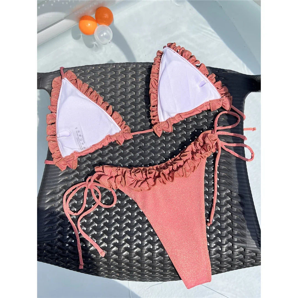 XS - L Shiny Frilled Halter Strappy Bikini Women Swimwear Female Swimsuit Two-pieces Bikini set Bather Bathing Suit Swim K7061