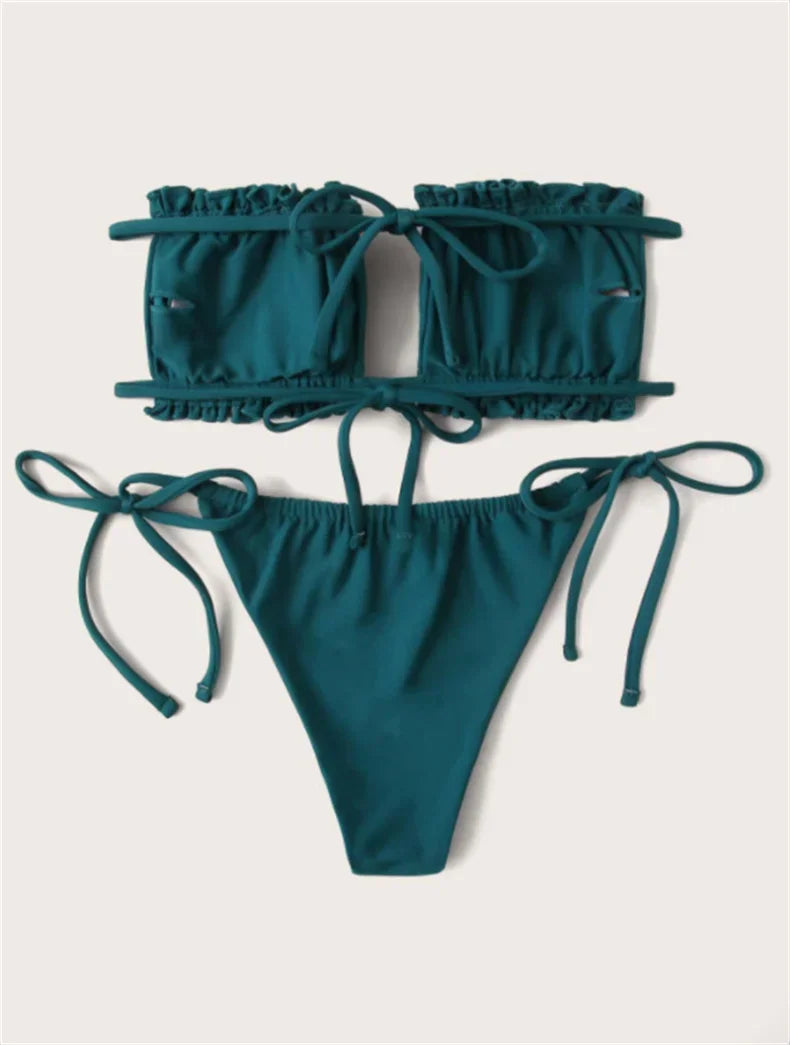 3 Colors Sexy Bikini Bandeau Women Swimwear Swimsuit Pleated Lettuce Trim Hollow Knotted Bikinis Set Bathing Suit Beach Bikini