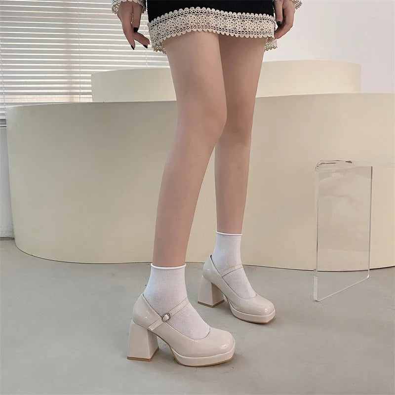 Patent Leather High Heel Mary Jane Shoes Women Elelgant Buckle Strap Platform Pumps Woman Chunky Heels Punk Lolita Shoes Female