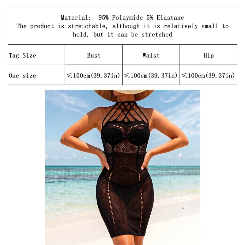 Fishnet Women Sexy Beach Cover Up Dress Women Stretch See Through Sleeveless without Bikini Swimsuit Coverup Mini Beachwea