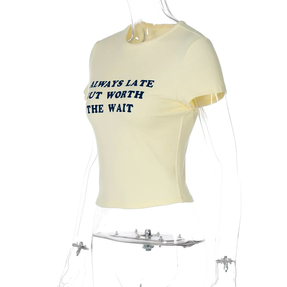 Woman Clothing Letter Print Short T-shirts Y2K Streetwear 2026 Summer O-neck Slim Fit Crop Tops Vacation Beach Tees Light Yellow
