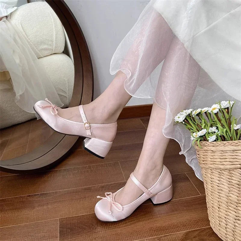 2025 spring cute sweet Bowknot Mary Janes for Women  vintage Silk Med Heels  pumps Ladies  Banquet Wedding Single Shoes Mujer
