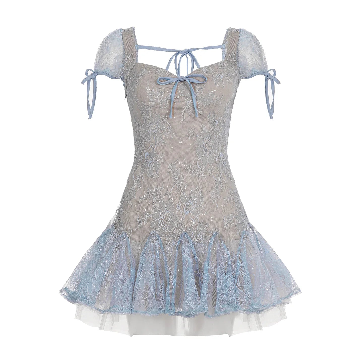 Dreamy and Western-style lace pleated princess dress with sparkling sequin design and puff-sleeved high-waisted dress.