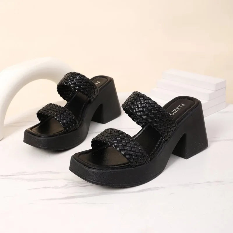 Women High Heels Sandals Fashion Weave Thick Heel Slippers Square Toe Summer Casual Ladies Slides Slip on Beach Sexy Shoes Woman