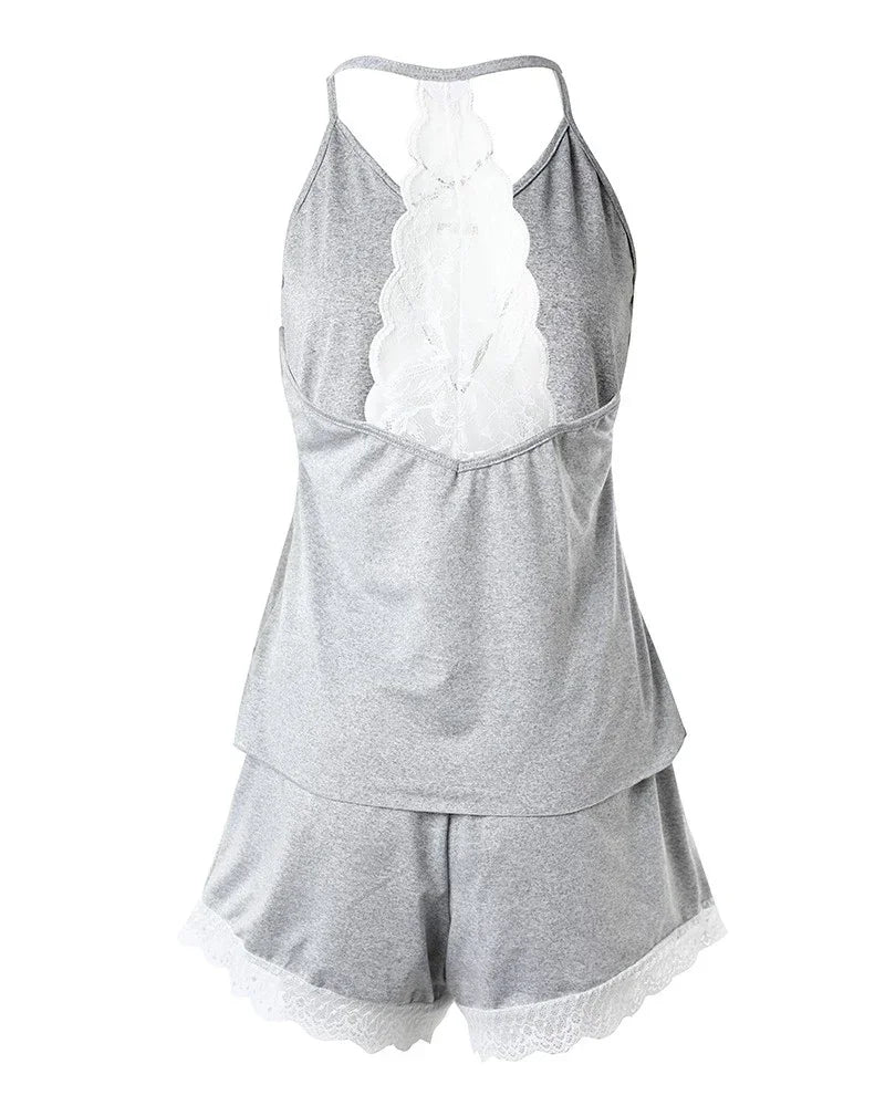 Summer Lace Crochet 2 Pieces Pajamas Set for Women Sleepwear Sleeveless V-Neck Crop Tops and Shorts Sets Casual Loungewear