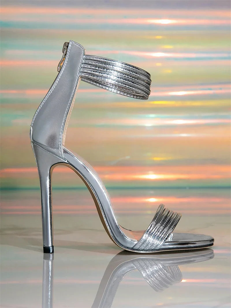 Summer Street Style Zip Ankle Cover Strap Open Toe Narrow Band Women Sandals Thin High Heels Stripper Sexy Banquet Shoes