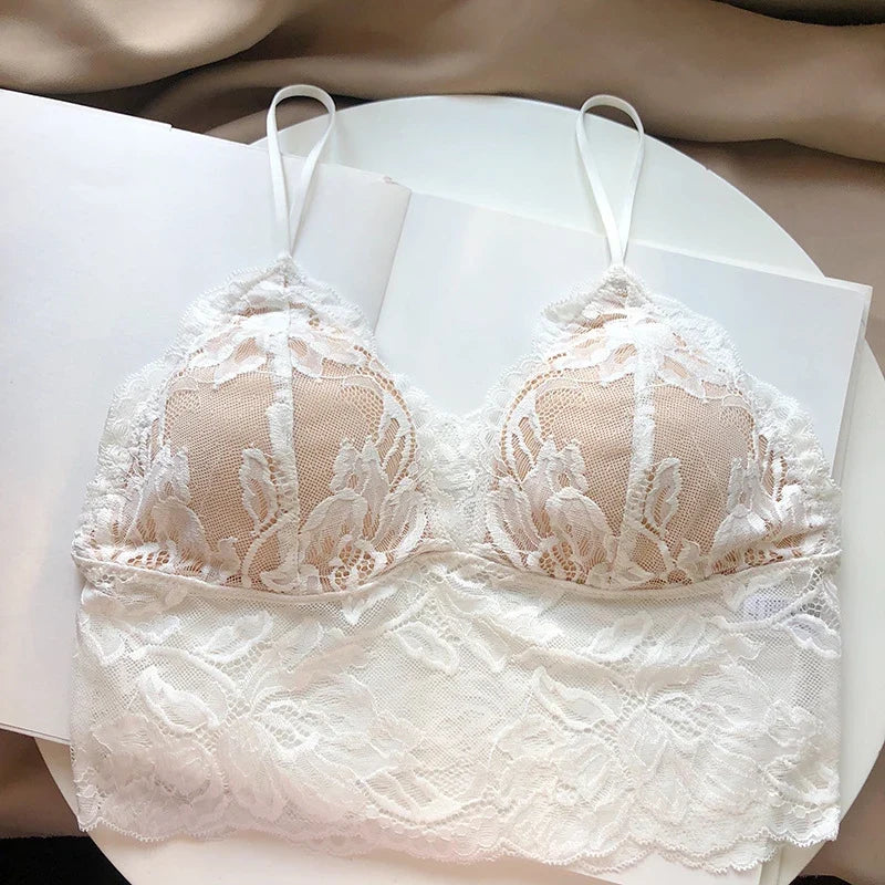 French Backless Bralette Sheer Lace Wireless Halter Top No Underwire Anti Nipple Show Comfort Bra & Tushy Set CA MOYISU Sexy Bra