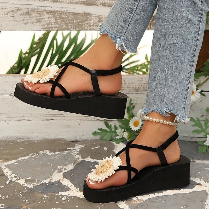 Summer Thick Bottom Bohemian Sandals Women Flowers Decor Non Slip Platform Beach Sandles Woman Plus Size 42 Light Eva Sandals