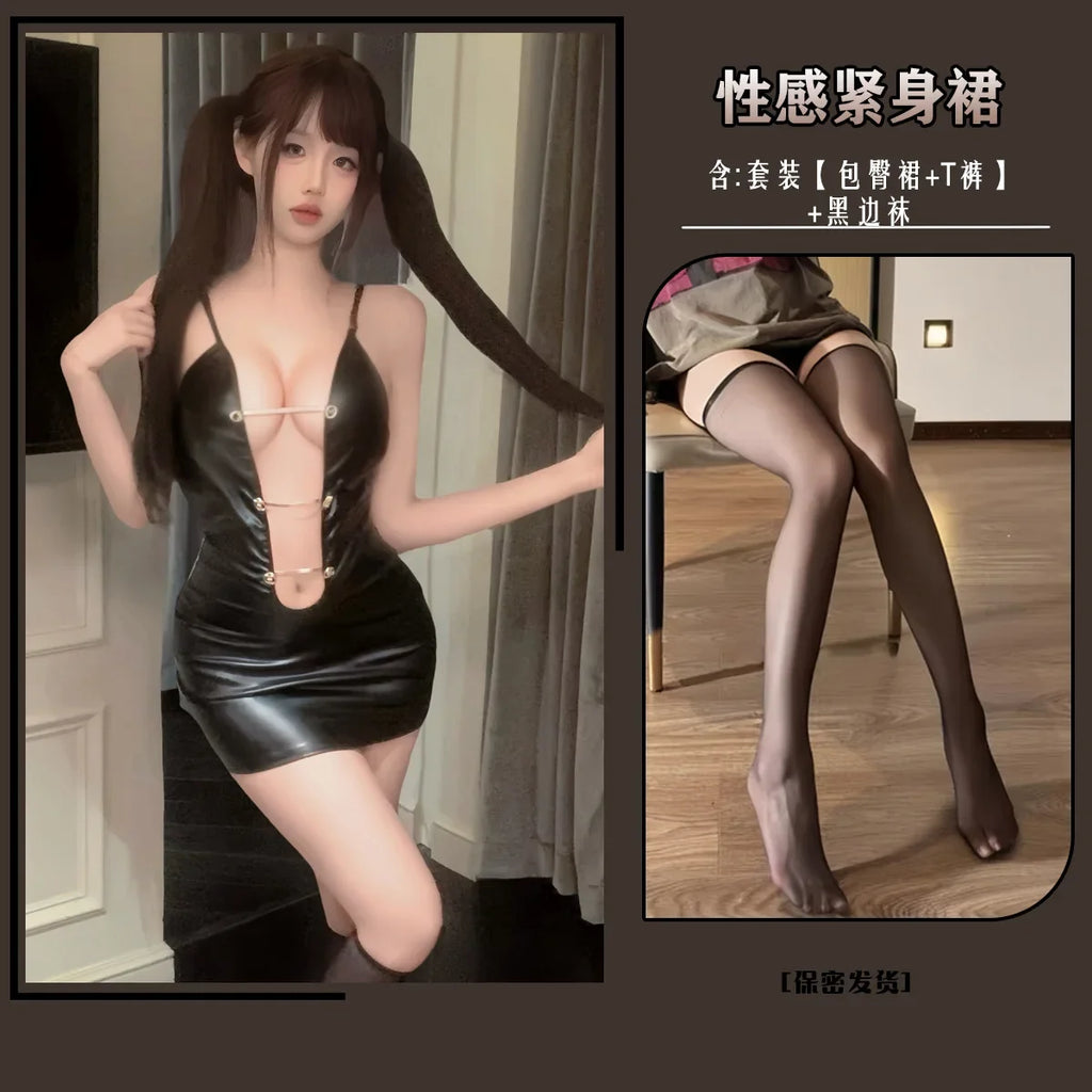 Sexy Sexy Hollow-out Patent Leather Bodycon Dress With Straps Beautiful Back And Shoulder Straps Nightclub Dress Charming 3H9Y