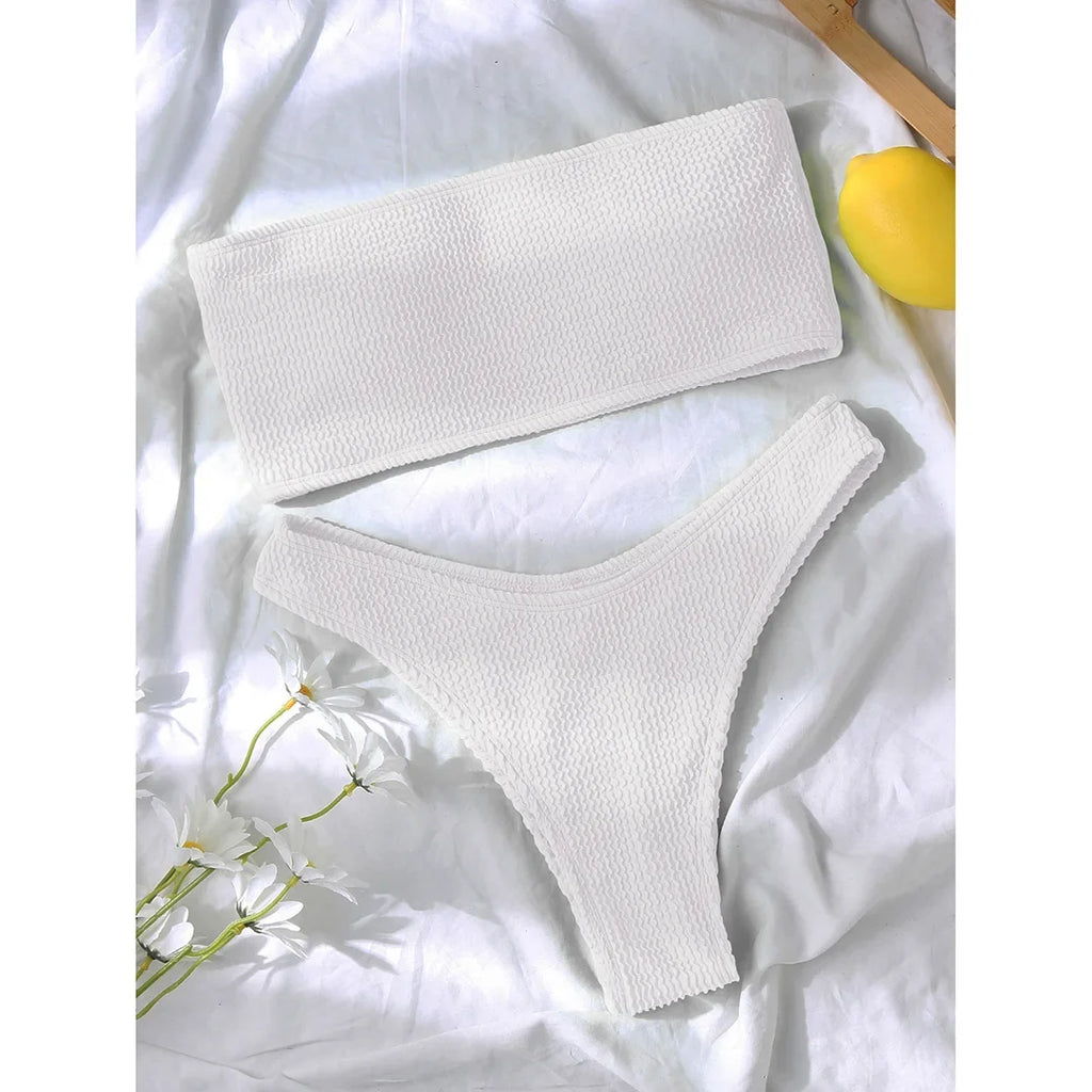 Bandeau Wrinkled Crinkled Bikini Female Swimsuit Women Swimwear Two-pieces Bikini set High Cut Bather Bathing Suit Swim V3314