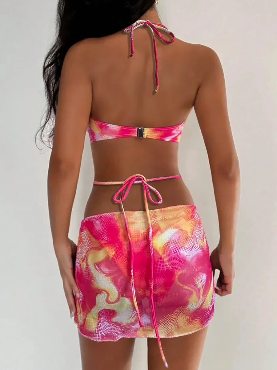 with Mesh Skirt 3D Flowers Halter Bandeau Bikini Female Swimsuit Women Swimwear Three-pieces Bikini Set Bathing Suit Beachwear