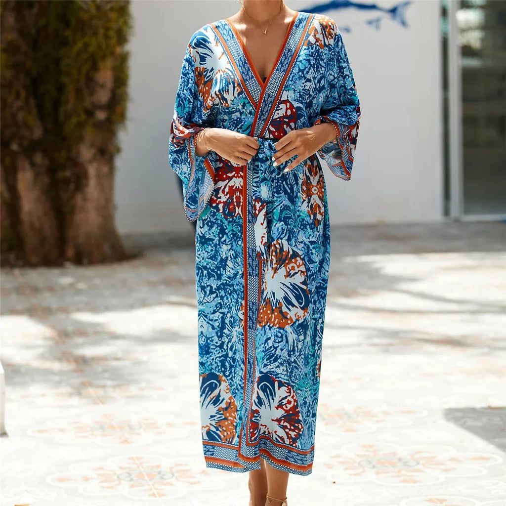13 Colors Printed With Belt Crochet Knitted Tunic Beach Dress Beach Wear Beachwear Beach Cover Up Cover-upsFemale Women V7201