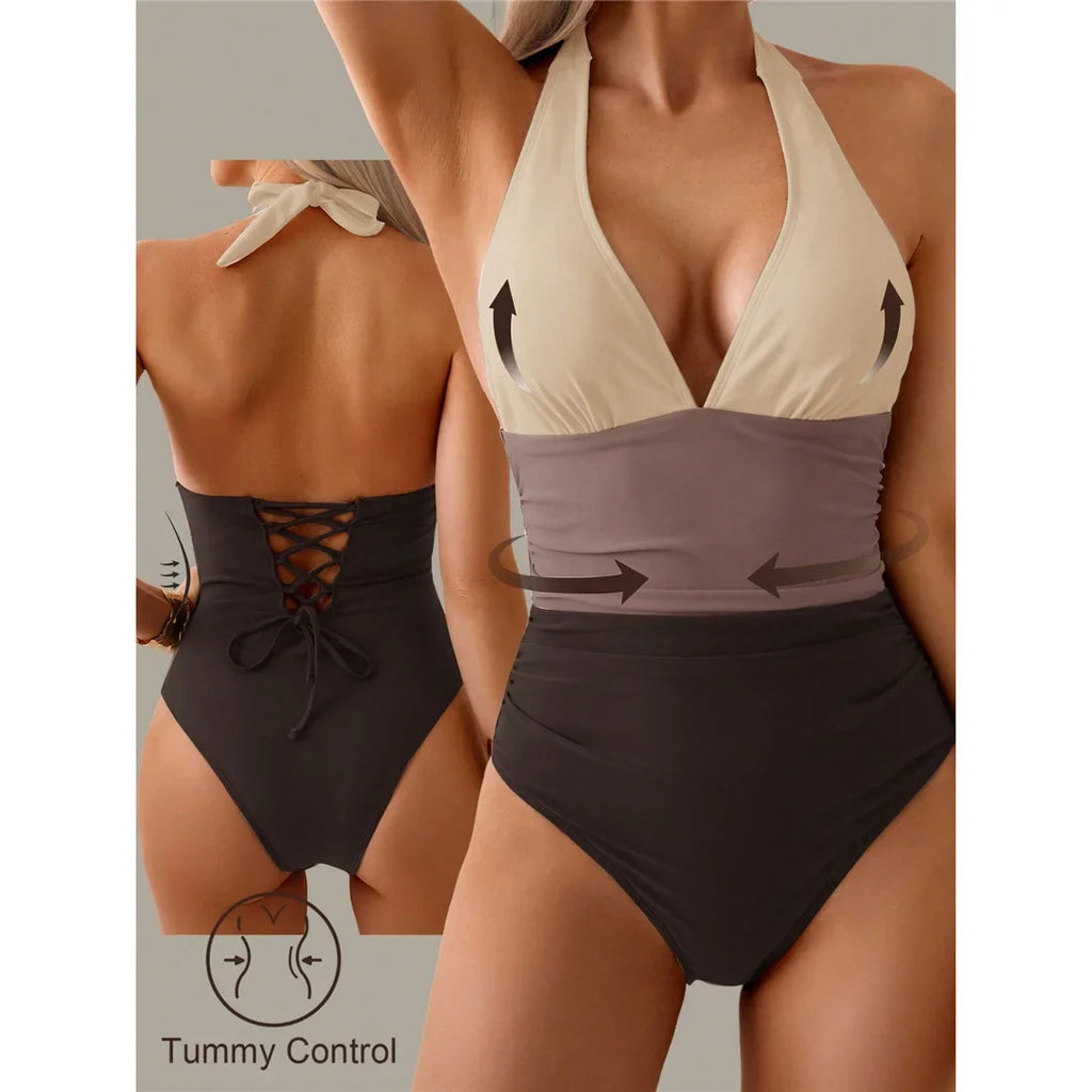 S - XL Splicing V Neck Backless Halter Women Swimwear One Piece Swimsuit Female Monokini Padded Bather Bathing Suit Swim V7559