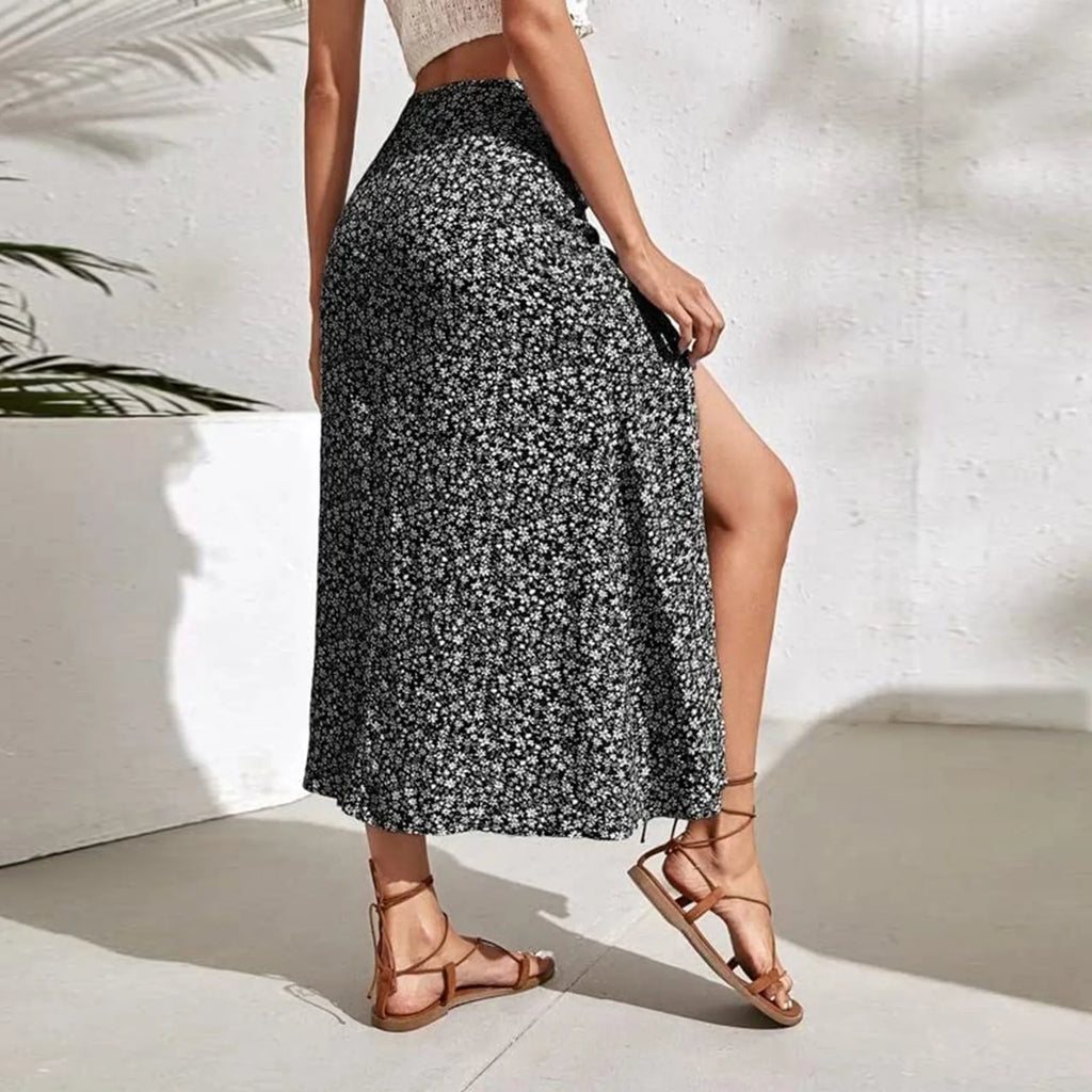 Harajuku Floral Print Long Skirt Vintage High Rise Straight Midi Skirts For Women Summer Skinny Bohemian Split Beach Skirts Y2k