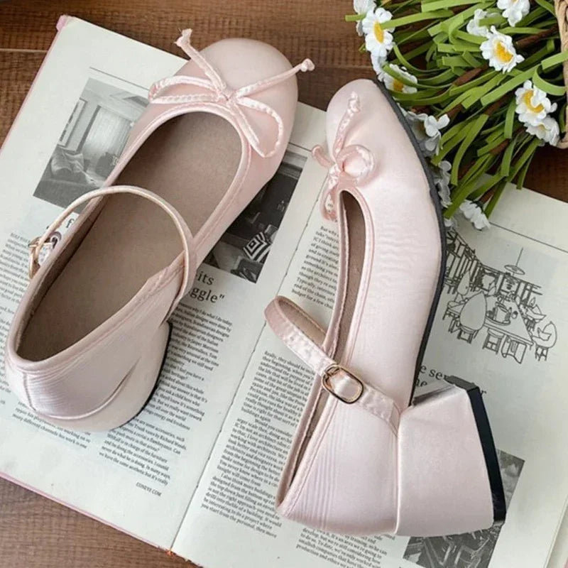 2025 spring cute sweet Bowknot Mary Janes for Women  vintage Silk Med Heels  pumps Ladies  Banquet Wedding Single Shoes Mujer