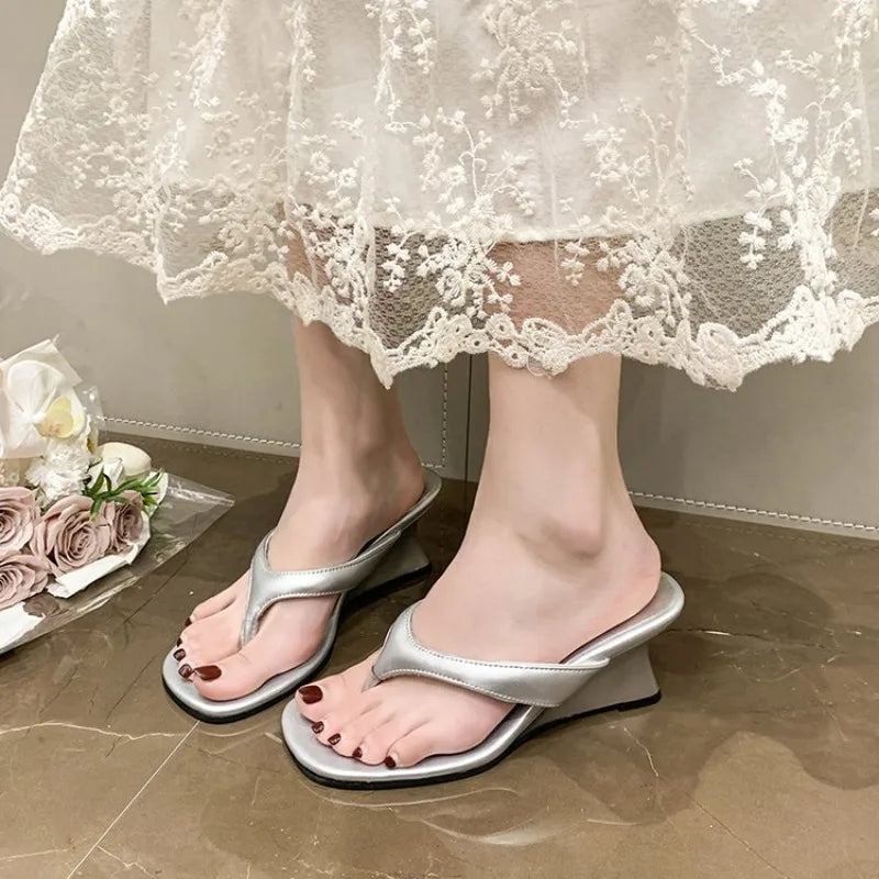 Summer Outdoor Fairy oes Simple Toe Clip High Heels Sandals Women's Flip Flops Korean Sle PU  Rubber Sole