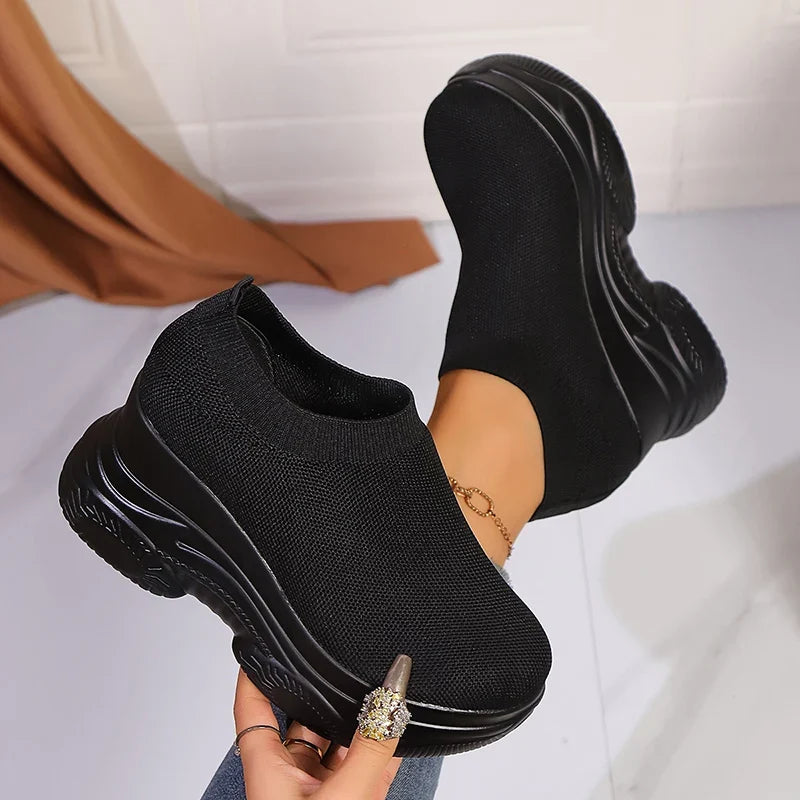 Black White Chunky Platform Knitted Sneakers Women Slip On Thick Bottom Vulcanizd Shoes Woman Breathable Mesh Walking Shoes