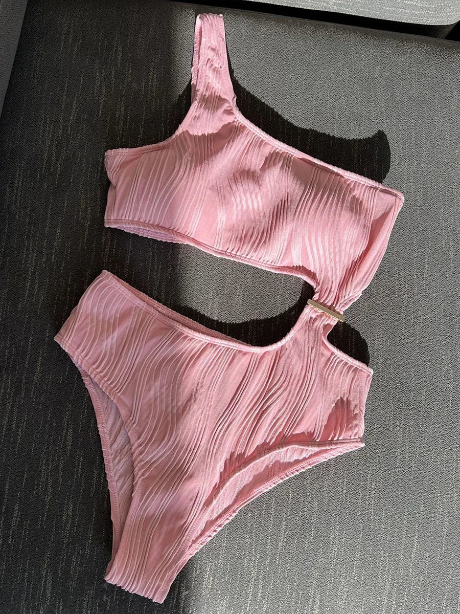 Wrinkled Asymmetric One Shoulder Female Swimwear One Piece Swimsuit Women Monokini Bather High Cut Out Bathing Suit Swim Lady