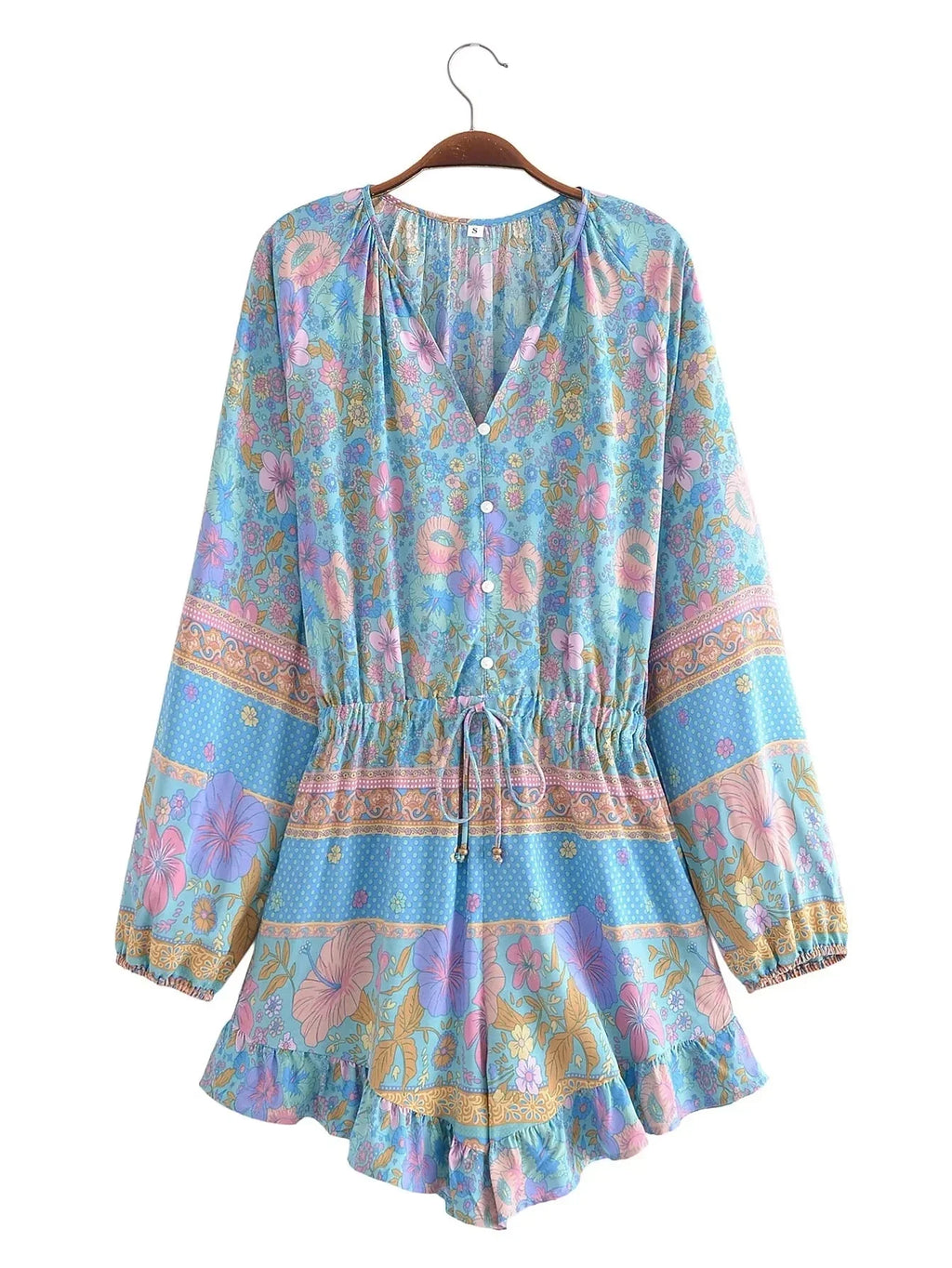 Long Sleeve Spring Summer Short Jumpsuit Women Printed Bohemian Wide Leg Playsuit Female Romper Ruffles Rayon Boho Overalls 2025