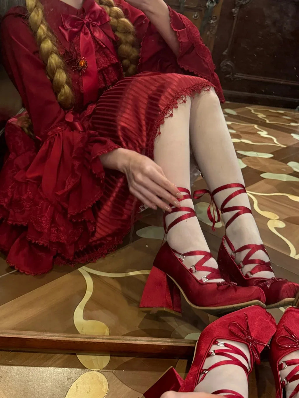 2026 Plus Size 43 Retro Red Lolita Ankle Wrap Pumps Sweet 5cm Med Square Heels Gothic Cosplay Ballet Mary Janes Shoes Women
