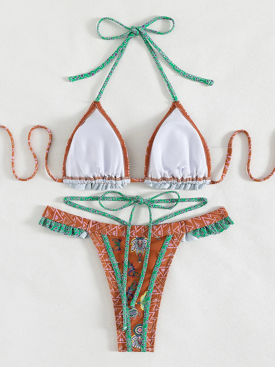 Floral Print Halter Ruffle Frilled Bikini Women Thong Swimwear Female Swimsuit Two-pieces Bikini Set Bathing Suit Swim Beachwear