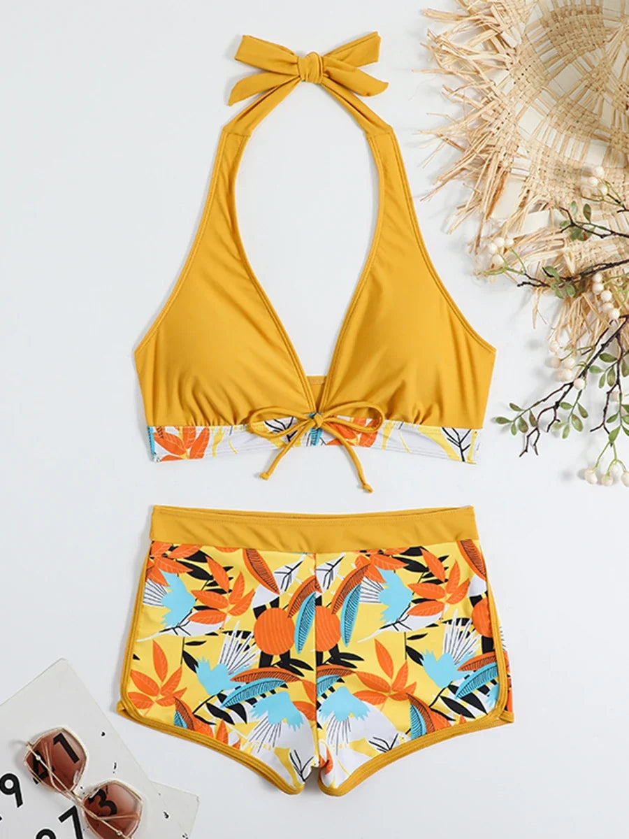 Halter Bikinis 2026 Women Printed Swimsuit Shorts High Waist Swimwear Female Bathers Swimming Bathing Suit Summer Beachwear