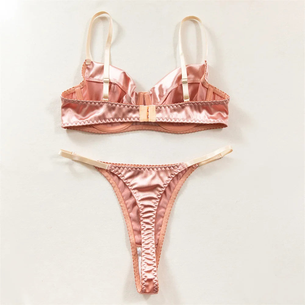 2 Pcs Sexy Bra Set Women Underwear Underwire Push Up Satin Patchwork Bras and Thongs Suits Attractive Bilizna Intimate Set