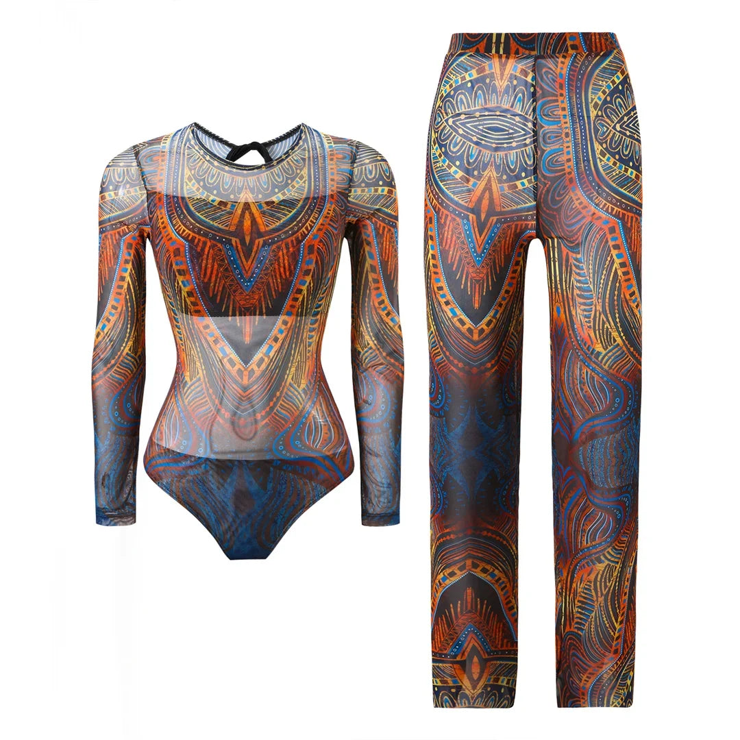 S - XXL New Printed Long Sleeve With Pants Women Swimwear One Piece Swimsuit Female Floral Padded Bather Bathing Suit Swim V7176