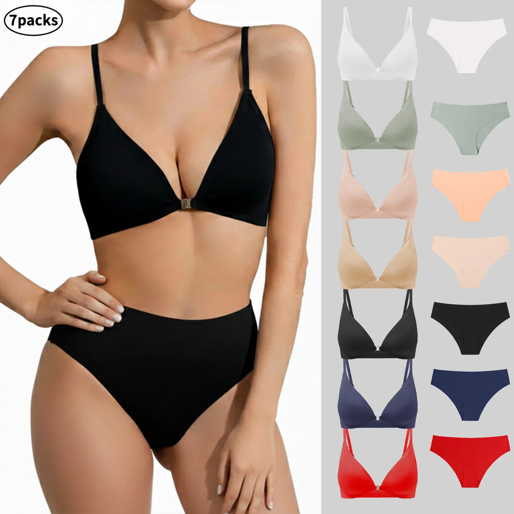 7 Pack Women's Sexy Bra Panties Set Front Closure Seamless Push-Up Wireless with Removable Padding Basic T-Shirt Lingerie